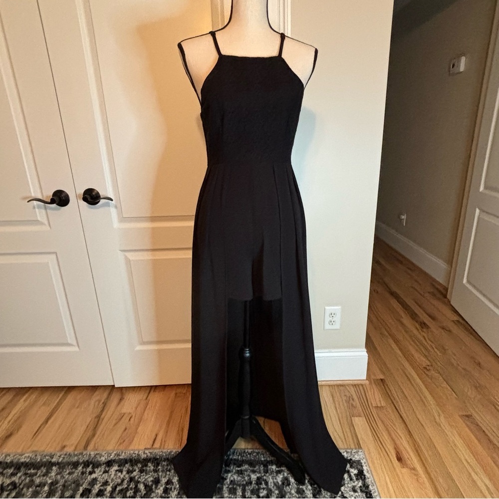Elegant Black Spaghetti Strap Shorts/Dress with Sheer Skirt/Drape
